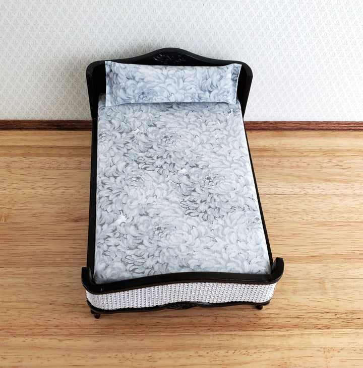 Dollhouse Double Bed Black with Mattress Pillow 1:12 Scale Bedroom Furniture