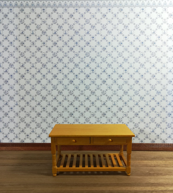 Dollhouse Wallpaper Kitchen "Dutch Tile" Delft Style 1:12 Scale Blue & White Tulip Border