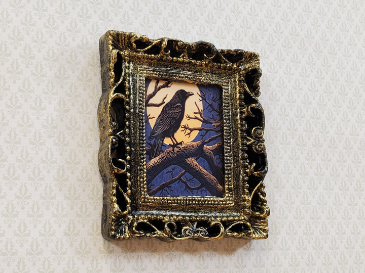 Miniature Raven with Moon Framed Print 1:12 Scale Halloween Haunted House