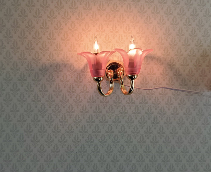 Dollhouse Miniature Sconce Double Flower Pink Shade 12 Volt w/ Plug 1:12 Scale