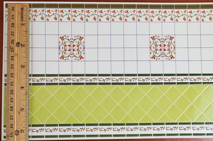 Dollhouse Wall Tiles Green White Floral Embossed 1:12 Scale Miniature by World Model