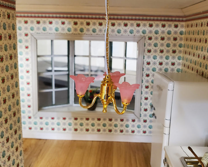 Dollhouse Chandelier Battery Operated Pink Tulips 3 Arm 1:12 Scale Wand Light