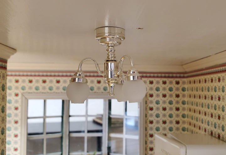 Dollhouse Chandelier Ceiling Wand Light Battery Operated 3 Arm Silver 1:12 Scale
