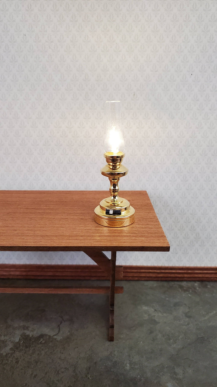 Dollhouse Miniature Battery Light Hurricane Table Lamp Gold 1:12 Scale Lantern