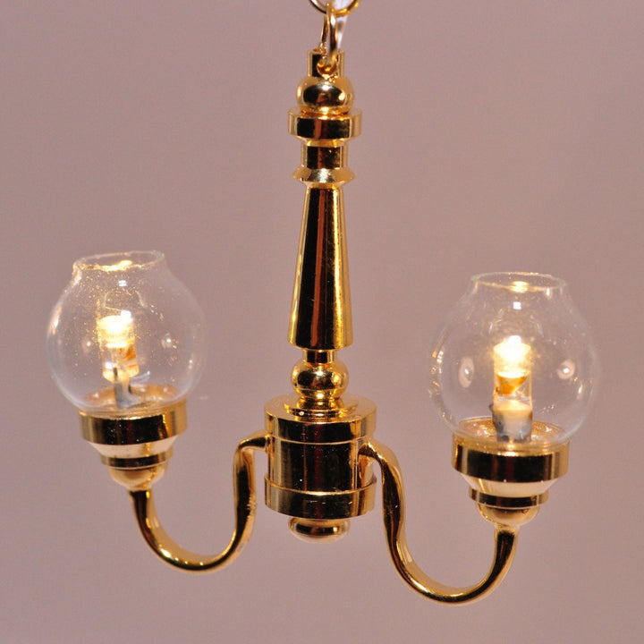 Dollhouse Miniature LED Battery Ceiling Light 2 Arm Clear Globes 1:12 Scale