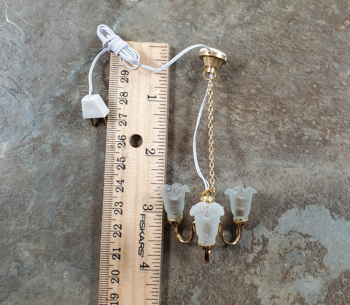 Dollhouse 3 Arm Flower Chandelier Light 12 Volt Electric with Plug 1:12 Scale - MiniatureCrush