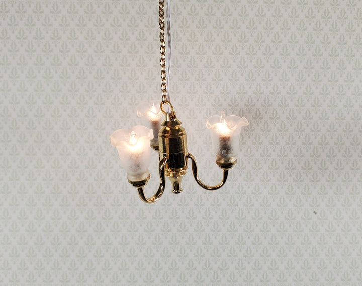 Dollhouse 3 Arm Flower Chandelier Light 12 Volt Electric with Plug 1:12 Scale - MiniatureCrush