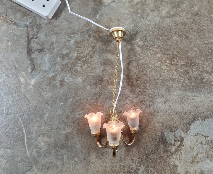 Dollhouse 3 Arm Flower Chandelier Light 12 Volt Electric with Plug 1:12 Scale - MiniatureCrush