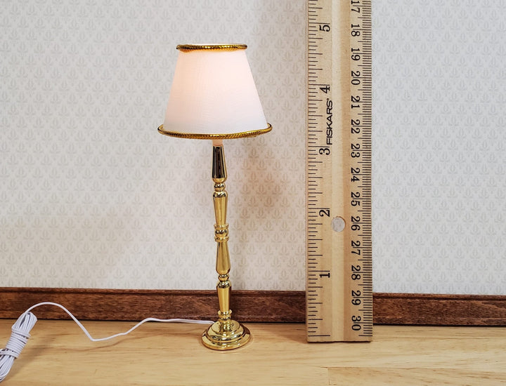 Dollhouse Brass Floor Lamp White Shade 12 Volt with Plug 1:12 Scale HW2718 - MiniatureCrush