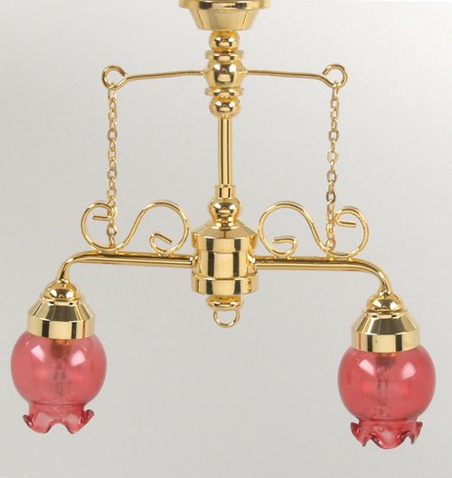 Dollhouse Ceiling Light 2 Arm Pink Flower Shade 1:12 Scale 12 Volt with Plug - MiniatureCrush