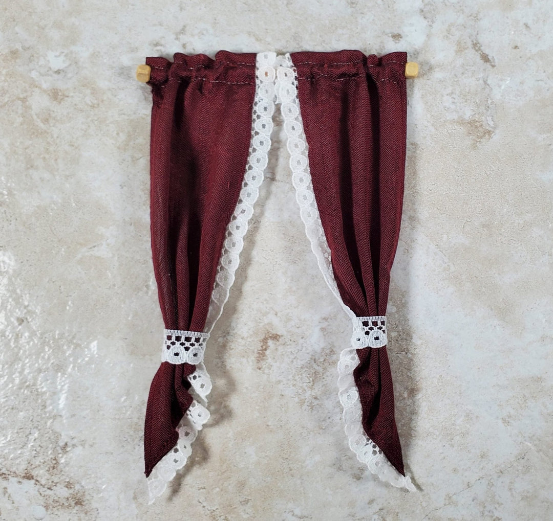 Dollhouse Curtains Burgundy with White Lace 1:12 Scale Miniature Handmade - Miniature Crush