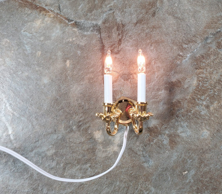 Dollhouse Double Candle Wall Sconce Gold 12 Volt with Plug 1:12 Wall Light - MiniatureCrush