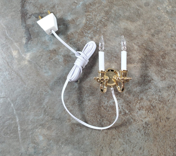 Dollhouse Double Candle Wall Sconce Gold 12 Volt with Plug 1:12 Wall Light - MiniatureCrush