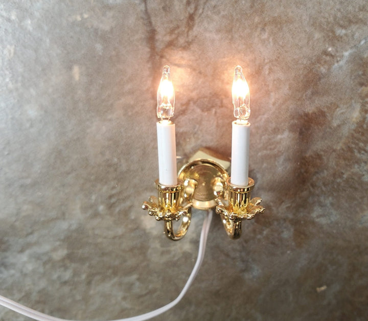 Dollhouse Double Candle Wall Sconce Gold 12 Volt with Plug 1:12 Wall Light - MiniatureCrush