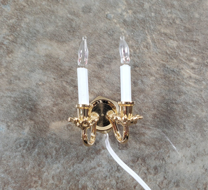Dollhouse Double Candle Wall Sconce Gold 12 Volt with Plug 1:12 Wall Light - MiniatureCrush