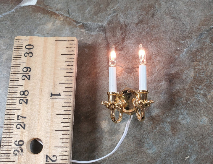 Dollhouse Double Candle Wall Sconce Gold 12 Volt with Plug 1:12 Wall Light - MiniatureCrush