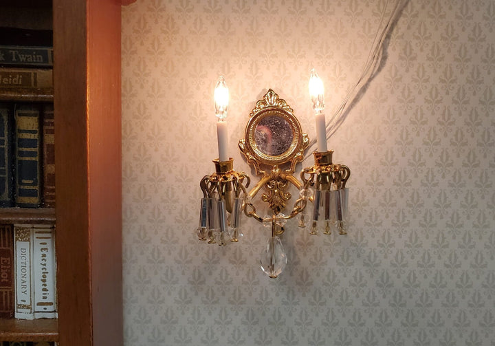 Dollhouse Double Crystal Candle Sconce 12 Volt 1:12 Scale Miniature Handmade - MiniatureCrush