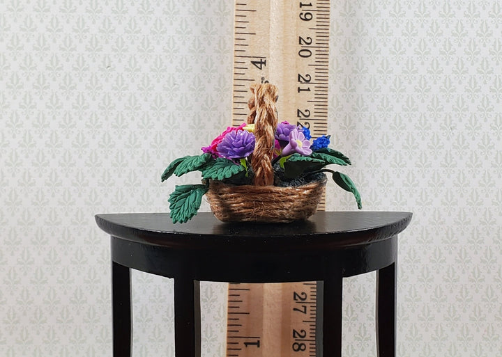 Dollhouse Flowers in a Natural Fiber Basket Pink Purple 1:12 Scale Miniature - Miniature Crush