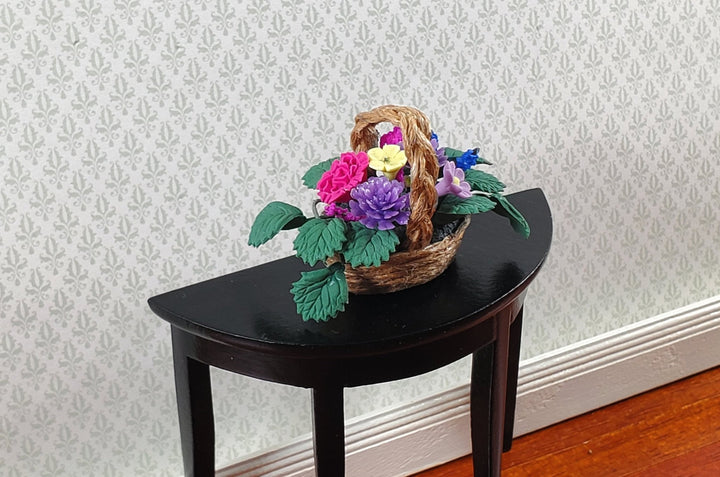 Dollhouse Flowers in a Natural Fiber Basket Pink Purple 1:12 Scale Miniature - Miniature Crush