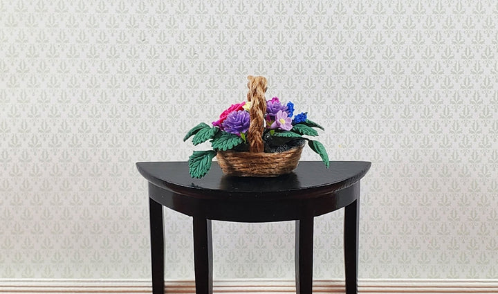 Dollhouse Flowers in a Natural Fiber Basket Pink Purple 1:12 Scale Miniature - Miniature Crush