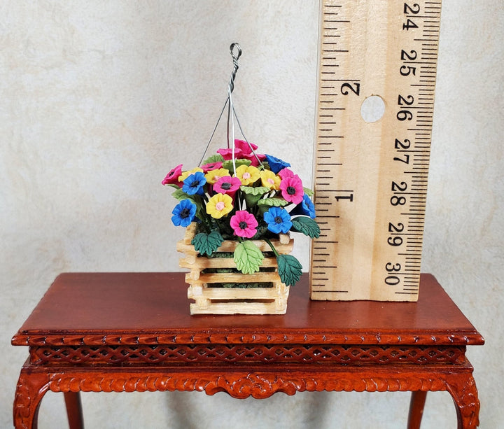 Dollhouse Hanging Basket of Petunias 1:12 Scale Miniature Flowers Wood Planter - MiniatureCrush