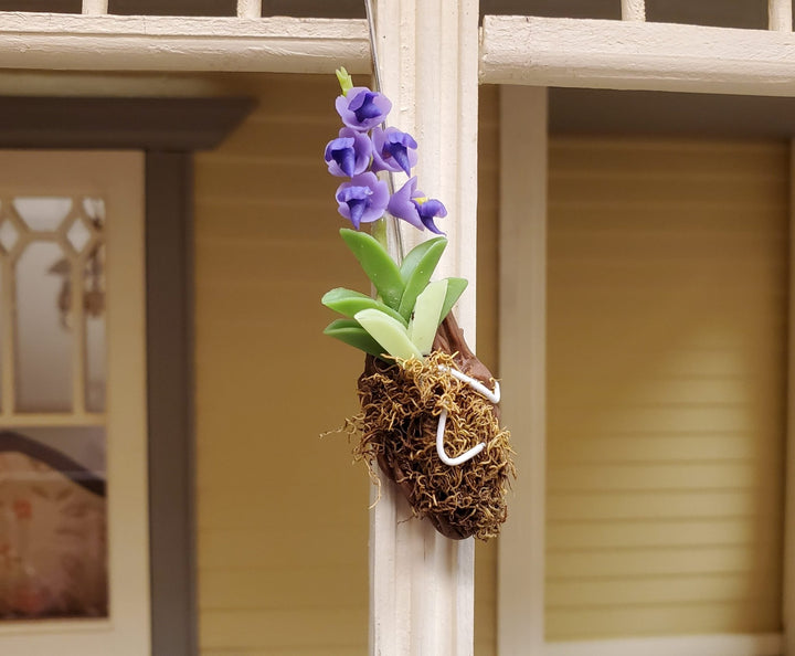 Dollhouse Hanging Orchid Purple with Bark & Moss Flowering Plant 1:12 Scale - MiniatureCrush