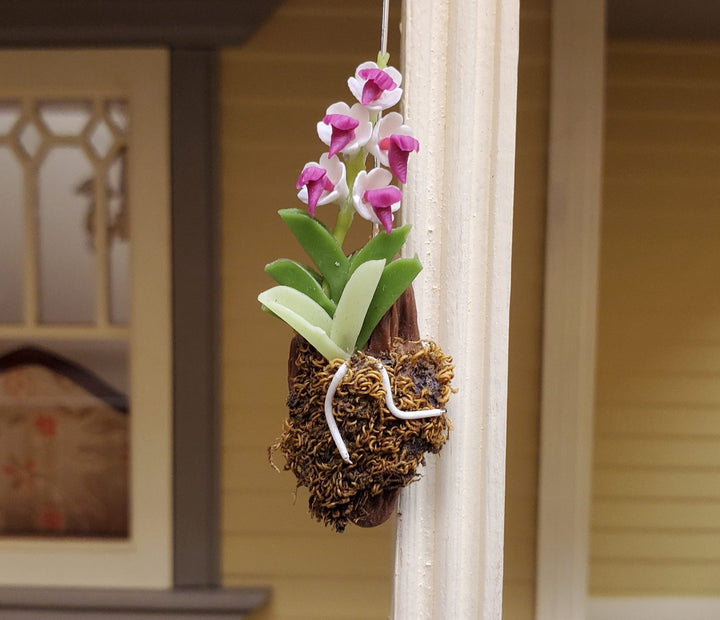 Dollhouse Hanging Orchid White Dark Purple Bark & Moss 1:12 Scale Plant - MiniatureCrush