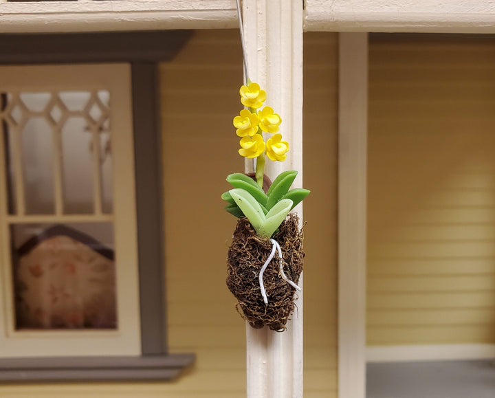 Dollhouse Hanging Orchid Yellow with Bark & Moss Flowering Plant 1:12 Scale - MiniatureCrush