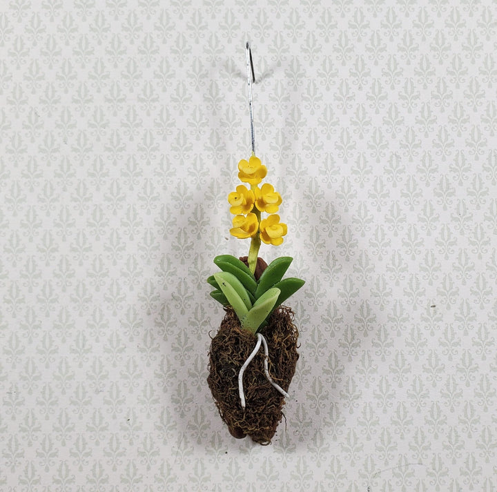 Dollhouse Hanging Orchid Yellow with Bark & Moss Flowering Plant 1:12 Scale - MiniatureCrush