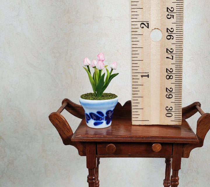 Dollhouse Light Pink Tulips in a Blue & White Ceramic Pot 1:12 Scale Miniature - MiniatureCrush