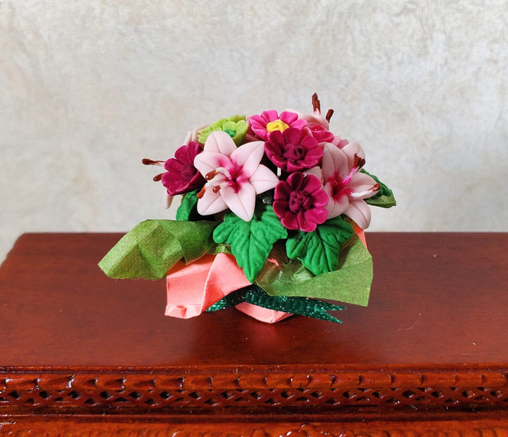 Dollhouse Miniature Magenta Floral Arrangement in Pink Wrapper 1:12 Scale - MiniatureCrush