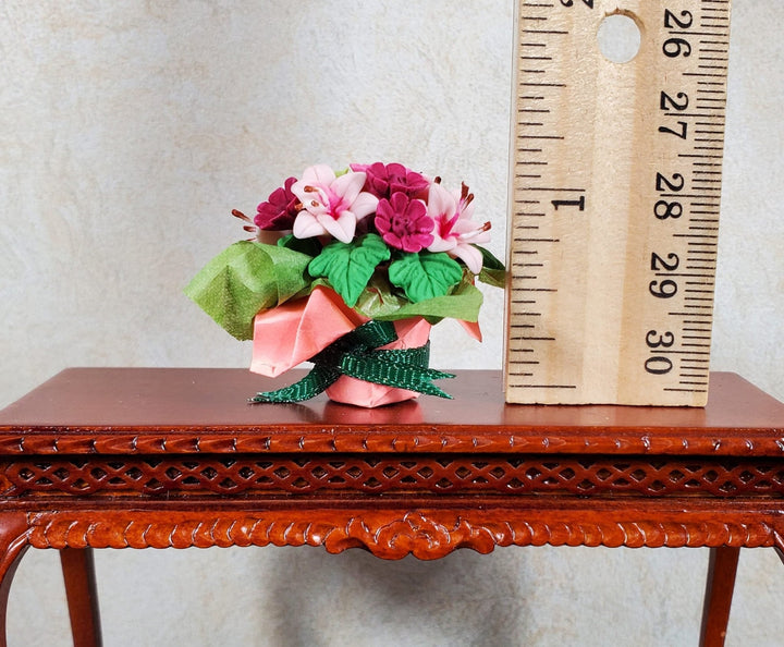 Dollhouse Miniature Magenta Floral Arrangement in Pink Wrapper 1:12 Scale - MiniatureCrush