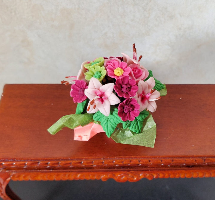 Dollhouse Miniature Magenta Floral Arrangement in Pink Wrapper 1:12 Scale - MiniatureCrush