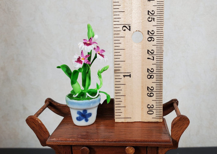 Dollhouse Orchid Pink White Flowering Plant in Ceramic Pot 1:12 Scale Miniature - MiniatureCrush