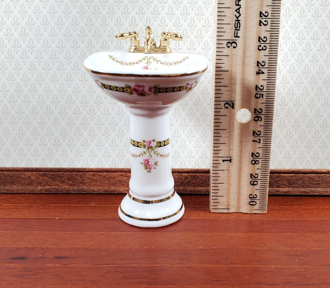 Dollhouse Pedestal Sink Bathroom Victorian Rose Reutter Porcelain 1:12 Scale - Miniature Crush
