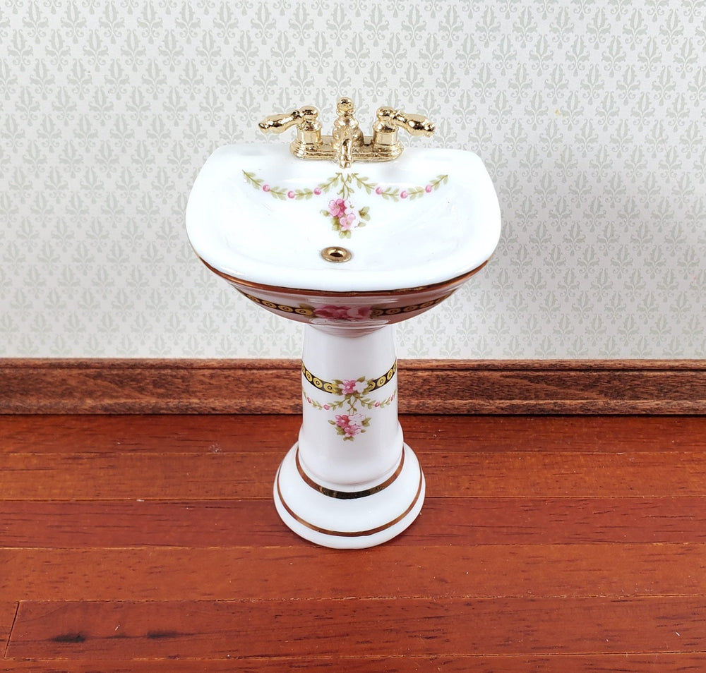 Dollhouse Pedestal Sink Bathroom Victorian Rose Reutter Porcelain 1:12 Scale - Miniature Crush