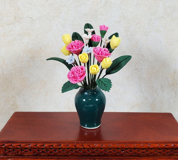 Dollhouse Pink Carnations Assortment in Ceramic Green Vase 1:12 Scale Miniature - MiniatureCrush