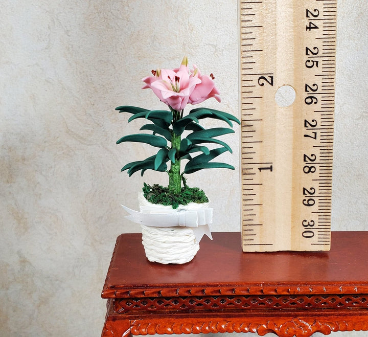 Dollhouse Pink Easter Lilies in White Basket with Bow 1:12 Scale Miniature - MiniatureCrush