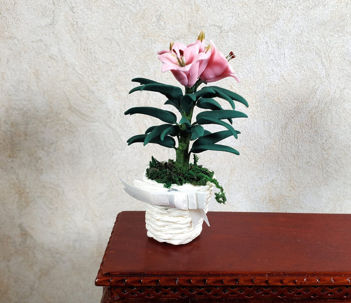 Dollhouse Pink Easter Lilies in White Basket with Bow 1:12 Scale Miniature - MiniatureCrush
