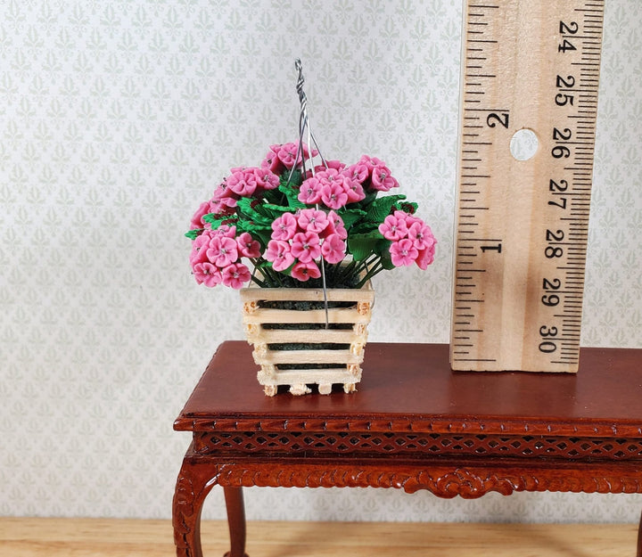 Dollhouse Pink Geranium Plant in Wood Hanging Planter 1:12 Scale Miniature - MiniatureCrush