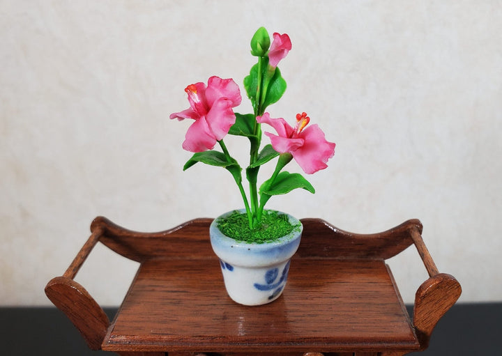 Dollhouse Pink Hibiscus Plant in Ceramic Planter 1:12 Scale Miniature Flowers - MiniatureCrush