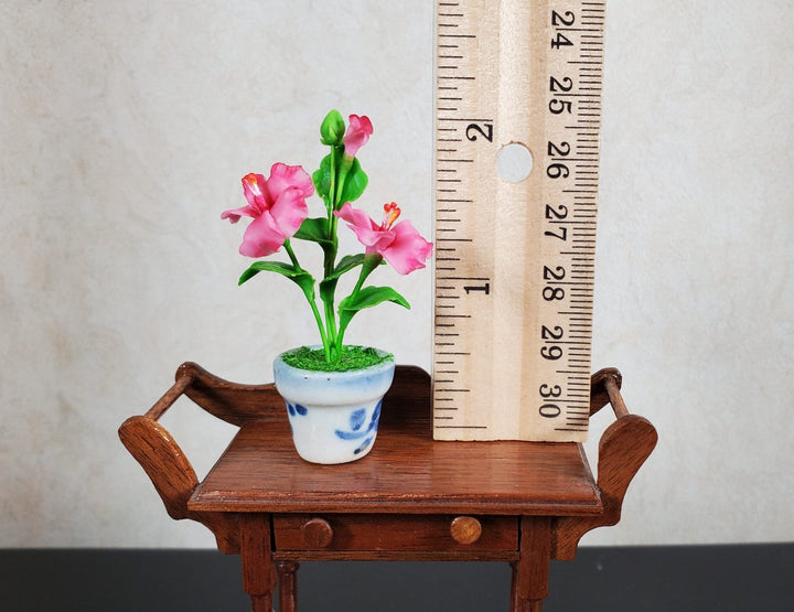 Dollhouse Pink Hibiscus Plant in Ceramic Planter 1:12 Scale Miniature Flowers - MiniatureCrush