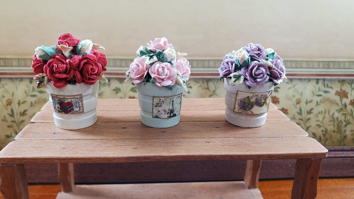 Dollhouse Pink Paper Flowers in Wooden Bucket Handmade 1:12 Scale Miniature - MiniatureCrush