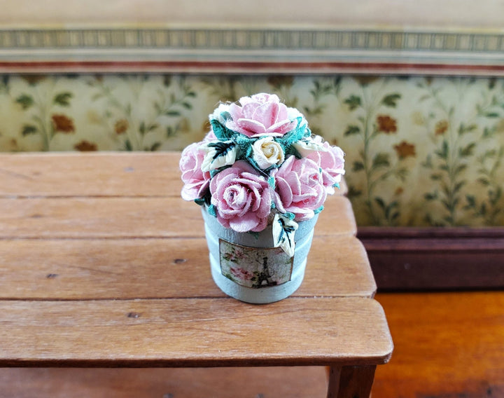 Dollhouse Pink Paper Flowers in Wooden Bucket Handmade 1:12 Scale Miniature - MiniatureCrush