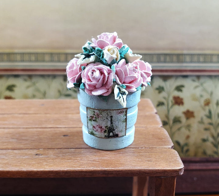 Dollhouse Pink Paper Flowers in Wooden Bucket Handmade 1:12 Scale Miniature - MiniatureCrush