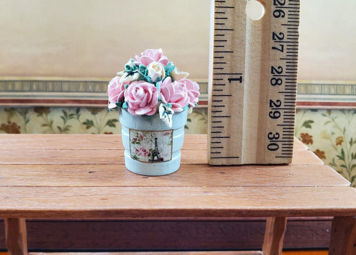 Dollhouse Pink Paper Flowers in Wooden Bucket Handmade 1:12 Scale Miniature - MiniatureCrush