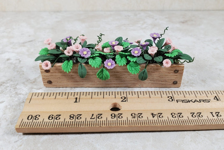 Dollhouse Pink & Purple Trumpet Flowers in a Wood Planter 1:12 Scale Miniature - MiniatureCrush