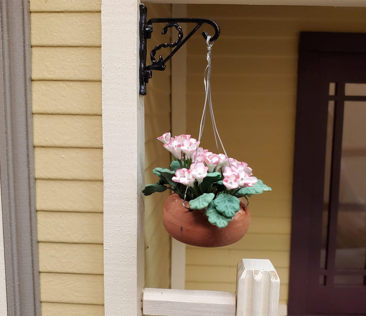 Dollhouse Pink & White Flowers in a Clay Hanging Planter 1:12 Scale Miniature - MiniatureCrush