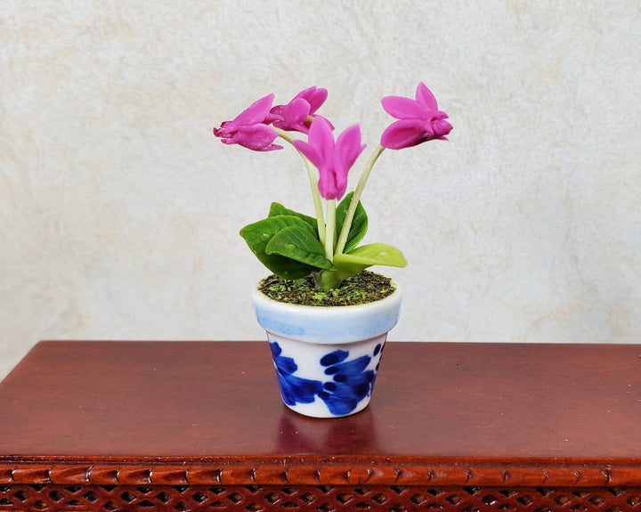 Dollhouse Potted Fuchsia Flowers 1:12 Scale Miniature Blue White Ceramic Pot - MiniatureCrush