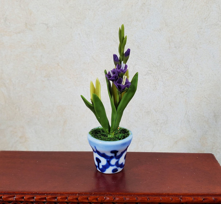 Dollhouse Purple Gladiolas in Blue & White Ceramic Pot 1:12 Scale Miniature - MiniatureCrush